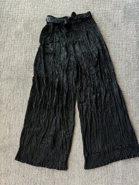 Black Wide Leg Crinkle Pants - Unbranded